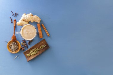 Çay masala süt ile malzemeler - tarçın, kakule, zencefil, karanfil, tubby, tatlı biber baharat. Üstten görünüm. Kopya alanı