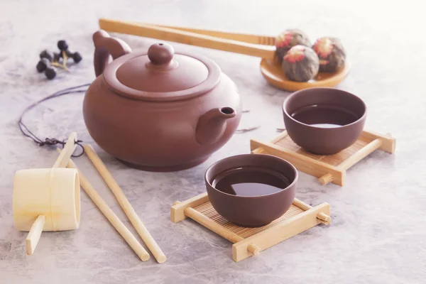 Tazze Tradizionali Cinesi Teiera Ceramica Attributi Cerimonia Del Sono Tavolo — Foto Stock