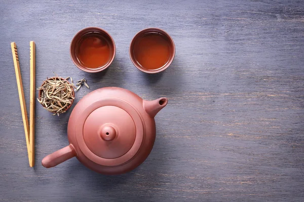 Clay Teapot Cups Prepared Traditional Asian Tea Ceremony Top View — Stock Photo, Image