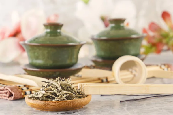Chá Verde Chá Porcelana Tradicional Chinesa Sasha Atributos Cerimônia Chá — Fotografia de Stock