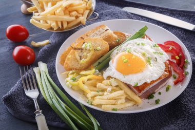 Sahanda yumurta pastırmalı kızarmış adet ekmek, yeşillik, domates ve patates kızartması gri bir ahşap masa üzerinde beyaz bir tabak içinde. Yakın çekim