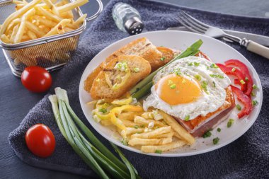 Sahanda yumurta pastırmalı kızarmış adet ekmek, yeşillik, domates ve patates kızartması gri bir ahşap masa üzerinde beyaz bir tabak içinde. Yakın çekim