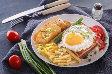 Sahanda yumurta pastırmalı kızarmış adet ekmek, yeşillik, domates ve patates kızartması gri bir ahşap masa üzerinde beyaz bir tabak içinde. Yakın çekim