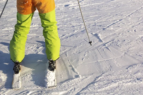 Skier Full Gear Bright Clothes Stands Snow Sunny Day Copy — Stock Photo, Image