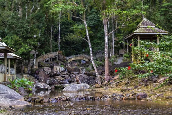 Павильоны для отдыха с мостами на берегу горного потока с камнями в тропических лесах под утренним солнцем — стоковое фото