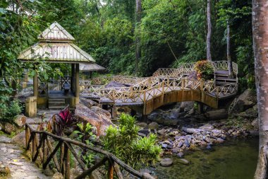 Sabah güneşi altında yağmur ormanları içinde taş olan bir dağ dere kıyısında köprüler ile rahatlamak için pavyonlar