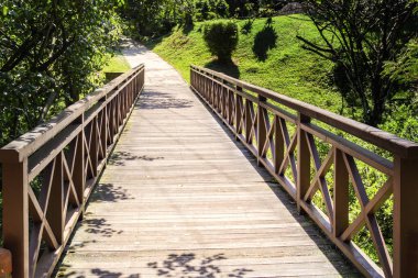 Güneşli bir günde bir şehir parkta yürüyen yol üzerindeki ahşap köprü
