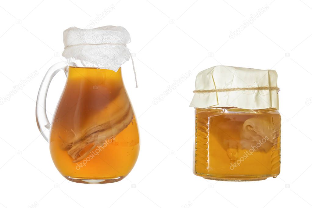 Homemade fermented drink Kombucha in a glass jars. Isolated on white background