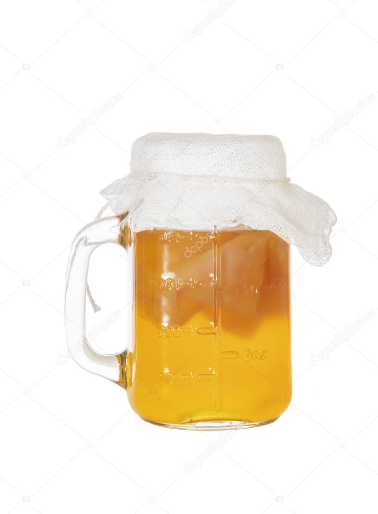 Homemade fermented drink Kombucha in a glass jug. Isolated on white background