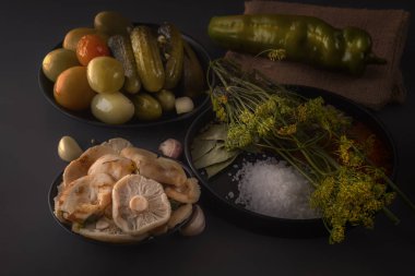 Koyu bir arka plan üzerinde fermente gıdaların bir arka plan üzerinde tuzlu mantar. Düşük anahtar. Close