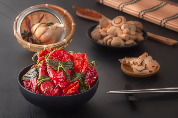 Fermented foods red hot peppers, garlic, mushrooms - traditional Korean food