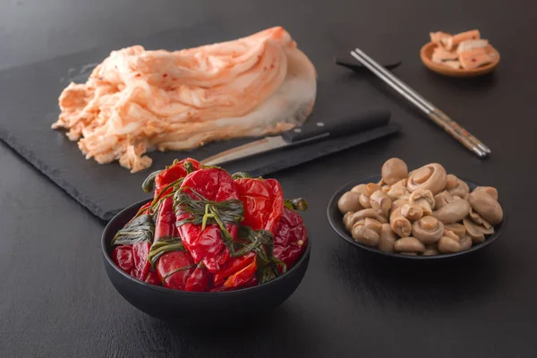 Fermented foods Red hot peppers, mushrooms and kimchi cabbage are traditional Korean food.