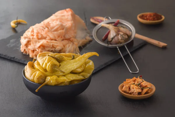 Fermented foods hot peppers, mushrooms and kimchi cabbage - traditional Korean food