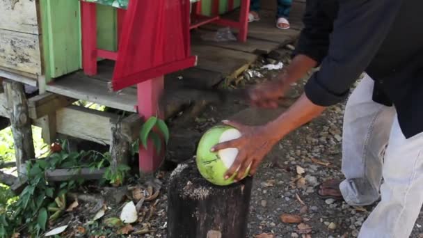 Homem Com Faca Grande Facão Mão Abre Coco Com Suco — Vídeo de Stock