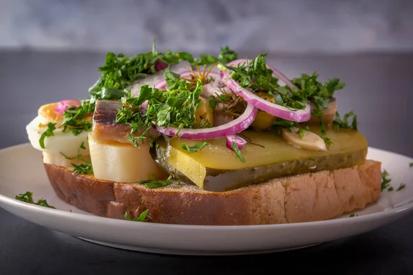 Sandwich Con Filetti Aringa Cipolle Cetriolo Sottaceto Uovo Erbe Piatto — Foto Stock