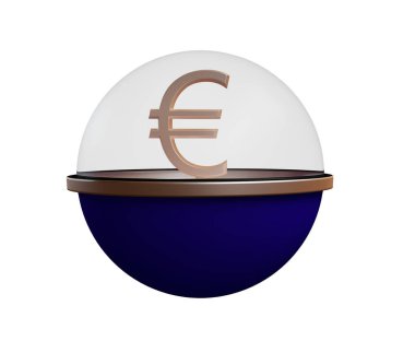 Mavi küredeki Avrupa sembolü, beyaz arka planda şeffaf bir kapağı var. İzole edilmiş. Üç boyutlu. Para birimleri. Mali işler. Eski ticaret kavramı.