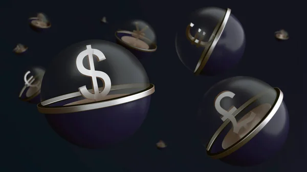 他の通貨のシンボルに囲まれた透明なトップの青い球のドル記号 ユーロ 濃い青の背景に英国ポンド 3Dだ 財政だ 外国為替取引の概念 — ストック写真