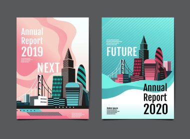 faaliyet raporu 2019,2020, gelecek, iş, şablon düzeni tasarımı, cityscape, kapak kitap. vektör çizim, düz arka plan.