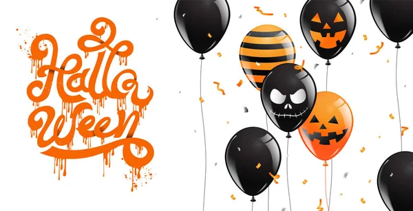 Boldog Halloween Party Kalligráfia Banner Szellem Félelmetes Kísérteties Hőlégballonok Sablon — Stock Vector