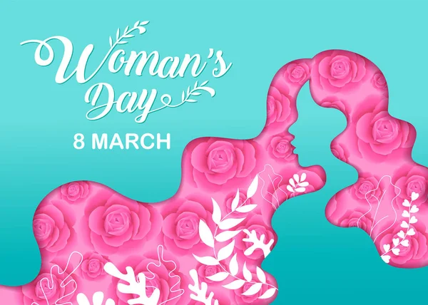 Happy Women Day Holiday March Girl Head Silhouette Cutout Flower — стоковый вектор