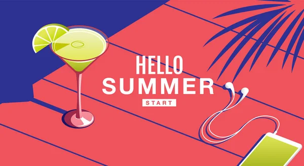 Letní dovolená, plakát, koktejl, Banner, sluníčko, Illu vektor — Stockový vektor