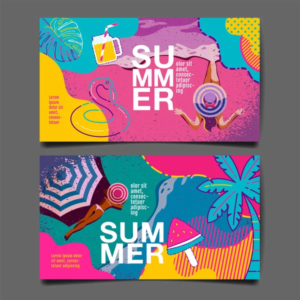 夏のレイアウトテンプレートのデザイン、休日、休暇、バナー、色 — ストックベクタ