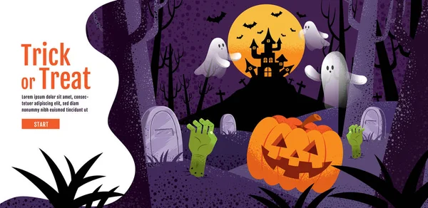 Trick or Treat, fond d'Halloween avec citrouille, fantôme, château — Image vectorielle