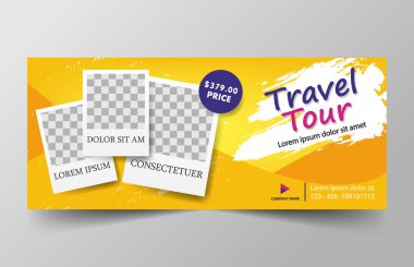 Sarı seyahat kurumsal iş afiş şablon, iş afiş düzen şablonu düz tasarım reklam yatay ayarla, Web sitesi tasarımı için arka kapak üstbilgi arka planı temizle