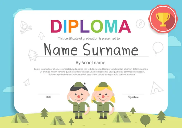 Soldado Crianças Camping Diploma Certificado Estilo Poligonal Com Modelo Design — Vetor de Stock