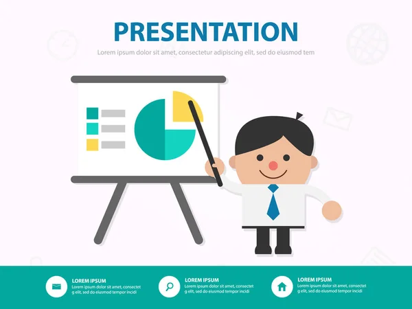 Empresário Desenho Animado Apresentação Reunião Infográfico Modelo Design Para Site —  Vetores de Stock