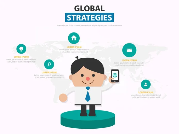 Biznesmen Kreskówka Smartphone Infografikę Szablonu Projektu Dla Strony Internetowej Biznesmen — Wektor stockowy