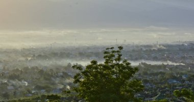 Sabah sisiyle kaplanmış manzara manzarası. Arka planda dağlar, Palu Eyaleti, Endonezya