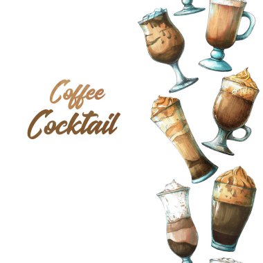 Arka plan ile farklı kokteyller. Kroki kahve kokteyl. Boyalı işaretler. Seamless modeli.