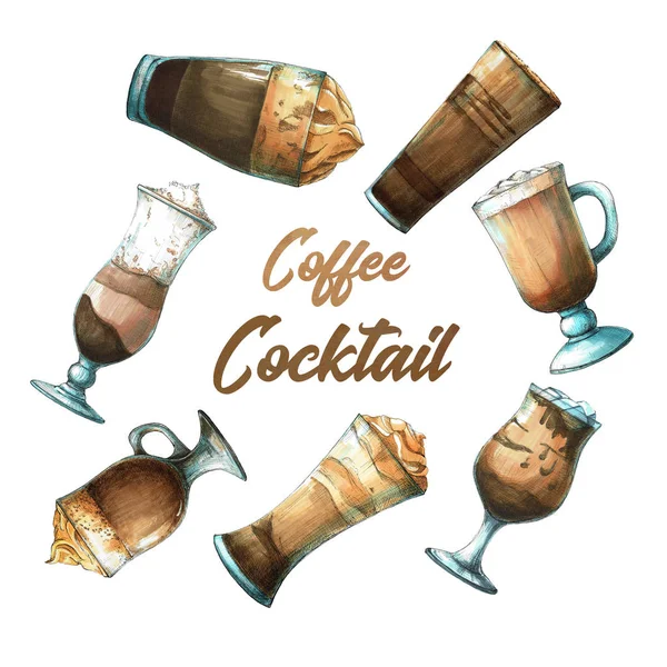 Fondo Con Diferentes Cócteles Esbozo Cóctel Café Marcadores Pintados Patrón — Foto de Stock