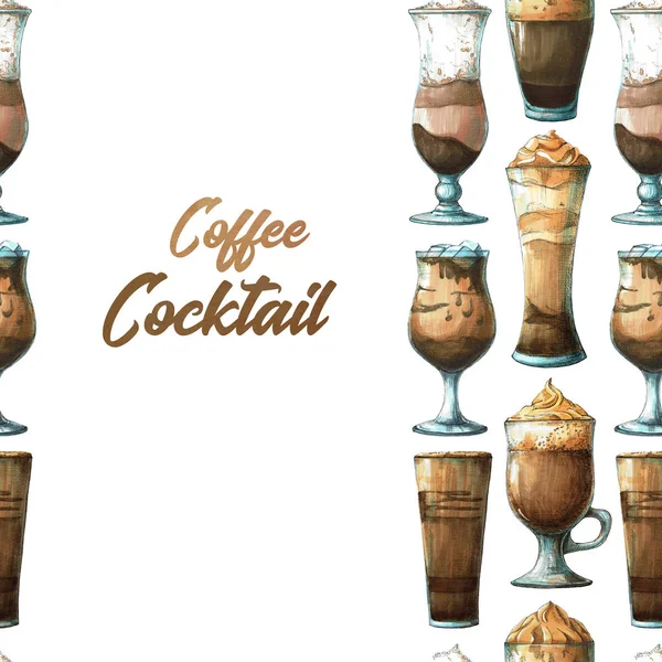 Achtergrond Met Verschillende Cocktails Schets Van Koffie Cocktail Geschilderde Markeringen — Stockfoto