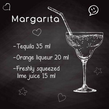 Bir alkollü kokteyl Margarita için basit tarifi. Tebeşir yazı tahtası üzerinde çizim. Bir kroki stil vektör çizim.