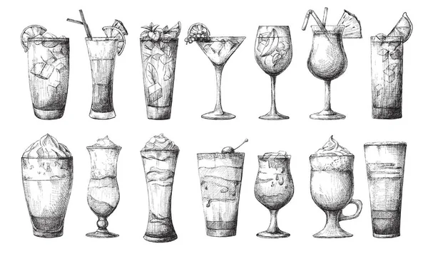 Grand Ensemble Verres Différents Cocktails Différents Illustration Vectorielle Style Croquis — Image vectorielle