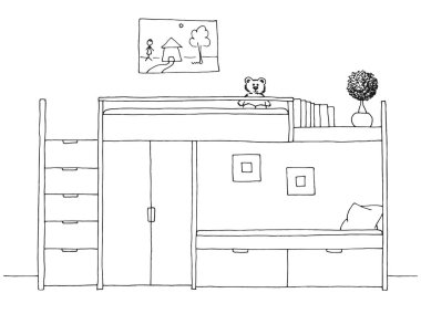 Çocuk odası. Çocuk odası mobilyaları. Bir kroki tarzı çizilmiş vektör çizim el.