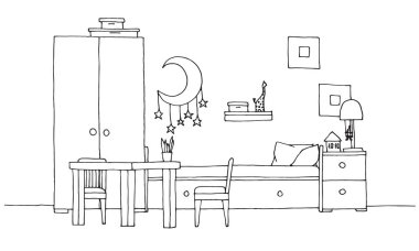 Çocuk odası. Çocuk odası mobilyaları. Ranza yatak, Masa ve sandalye. Bir kroki tarzı çizilmiş vektör çizim el.