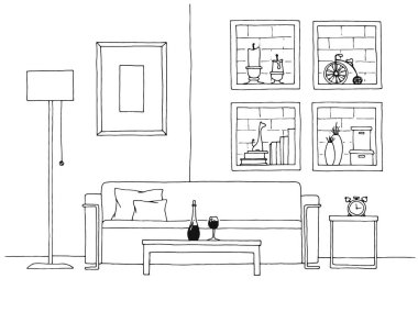 Tablo kanepenin önünde. Tuğla duvar rafları ile. Bir kroki stil vektör çizim.