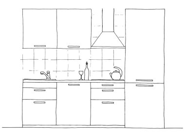 El mutfak mobilya çekilmiş. Vektör çizim kroki tarzı