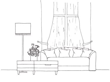 Bir iç mekanın doğrusal çizimi. Bir çizim biçiminin el çizimi vektör çizimi.