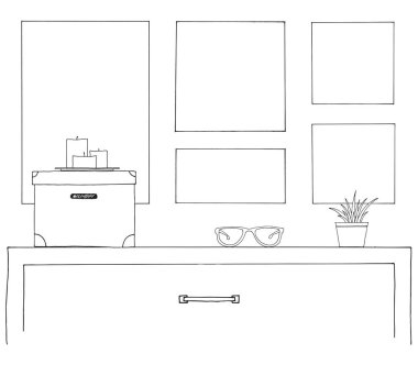 Kroki iç. Bir tablo, bir masanın, çeşitli Enteriyör eşyaları ile bir raf. Sahte kullanılabilir. Grafik çerçevesi.
