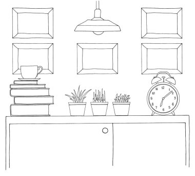 Kroki iç. Bir tablo, bir masanın, çeşitli Enteriyör eşyaları ile bir raf. Sahte kullanılabilir. Grafik çerçevesi.