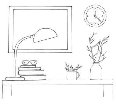 Kroki iç. Bir tablo, bir masanın, çeşitli Enteriyör eşyaları ile bir raf. Sahte kullanılabilir. Grafik çerçevesi.