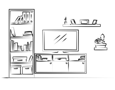 Doğrusal kroki iç. Kitaplık, şifoniyer Tv ve raflar. Vektör çizim