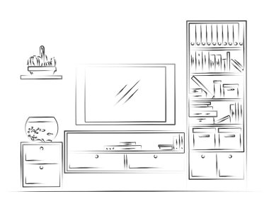 Doğrusal kroki iç. Kitaplık, şifoniyer Tv ve raflar. Vektör çizim