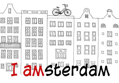 Amsterdam, Hollanda. Hollandalı geleneksel tarihi binalar kroki. Vektör çizim