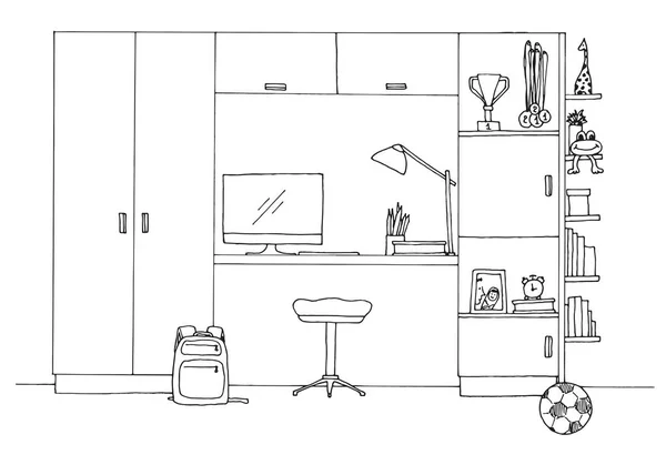 Σκίτσο Του Ένα Παιδικό Δωμάτιο Δωμάτιο Του Εφήβου Εικονογράφηση Διάνυσμα — Διανυσματικό Αρχείο
