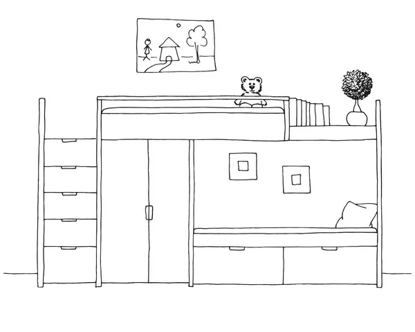 Quarto Crianças Mobiliário Infantil Ilustração Vetorial Desenhada Mão Estilo Esboço — Vetor de Stock